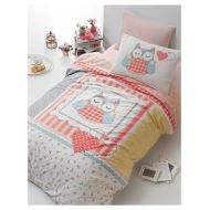 DecoMood 100% Cotton Girls Bedding Set, Hearts and Owl Themed Quilt/Duvet Cover Set with Fitted Sheet, Single/Twin Size (3 Pcs)