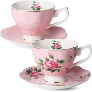 Brew To A Tea BTaT- Floral Tea Cups and Saucers, Set of 2 (Pink - 8 oz) with Gold Trim and Gift Box, Coffee Cups, Floral Tea Cup Set, British Tea Cups, Porcelain Tea Set, Tea Sets for Women, Lat