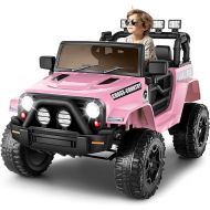 Hikole Kids Ride on Car with Parent Remote Control, 12V Electric Car for Kids Battery Powered Car w/LED Lights, Bluetooth, Music, 3 Speeds, Spring Suspension, Jeeps Car for Kids Girls, Pink
