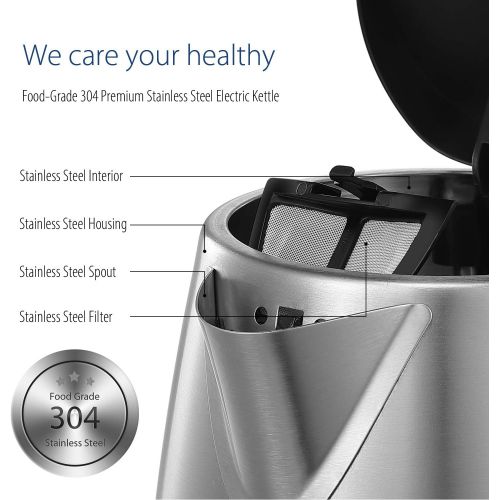  COMFEE Stainless Steel Cordless Electric Kettle. 1500W Fast Boil with LED Light, Auto Shut-Off and Boil-Dry Protection. 1.7 Liter