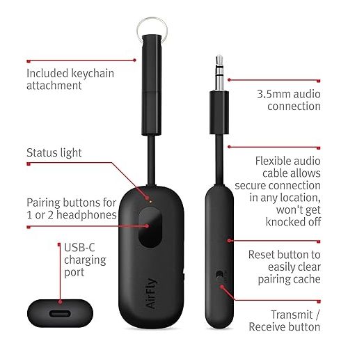  Twelve South AirFly Pro Bluetooth Wireless Audio Transmitter/Receiver for up to 2 AirPods/ Headphones; Use with Any 3.5 mm Audio Jack, Black