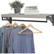 MyGift Wall Mounted Wood & Metal Floating Shelf wGarment Hanger Rod, Decorative Retail Clothing Rack, Brown