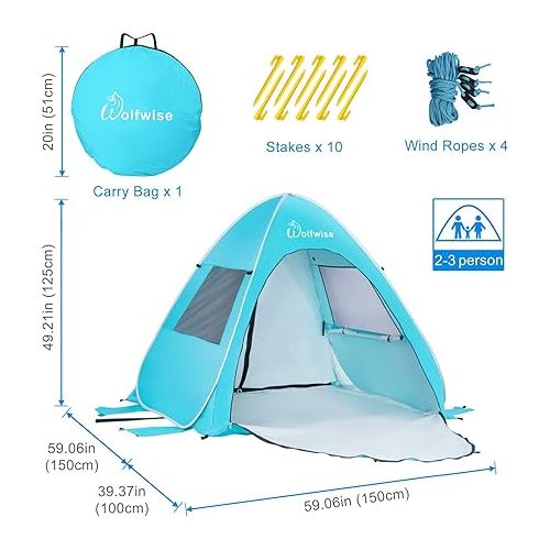  WolfWise UPF 50+ Easy Pop Up Beach Tent Sun Shelter Instant Automatic Portable Sport Umbrella Indoor Playhouse Canopy Cabana