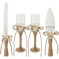 Juvale 4 Piece Rustic-Style Wedding Cake Knife and Server Set with Champagne Glasses for Bride and Groom, Farmhouse Theme Reception, Country Decorations