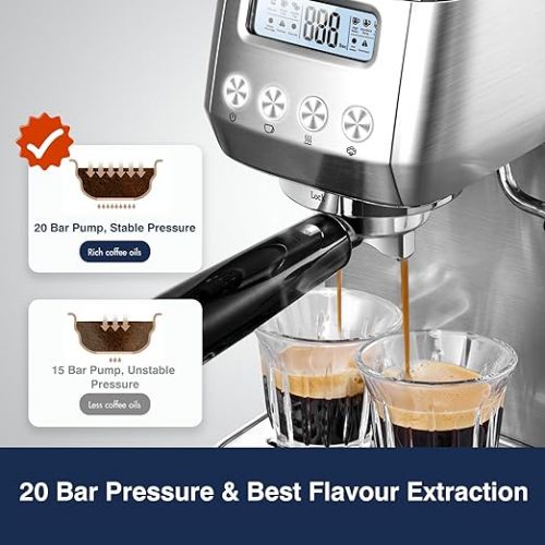  amzchef Espresso Machines 20 Bar, Espresso Maker for home with LCD Panel, Compact Coffee Machine with Milk Frother Latte Macchiato, Cappuccino