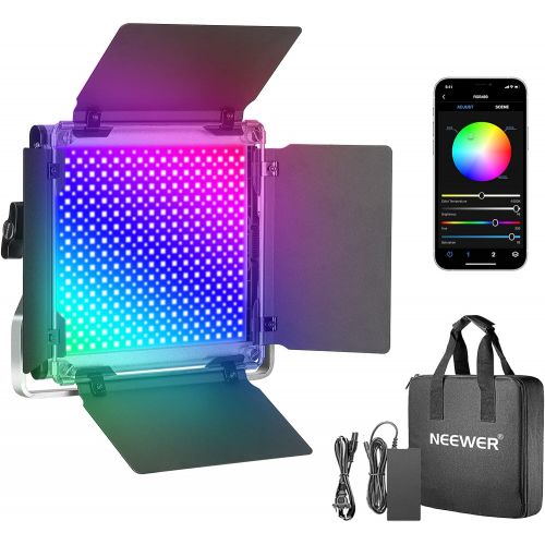 니워 [아마존베스트]Neewer 480 RGB Led Light with APP Control, 480 SMD LEDs CRI95/3200K-5600K/Brightness 0-100%/0-360 Adjustable Colors/9 Applicable Scenes with LCD Screen/U Bracket/Barndoor, Metal Sh