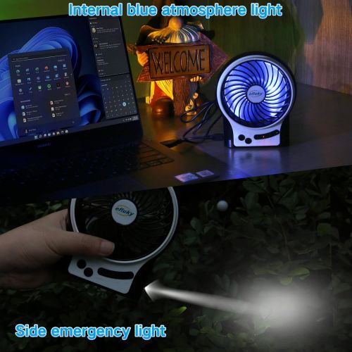  [아마존베스트]efluky 3 Speeds Mini Desk Fan, Rechargeable Battery Operated Fan with LED Light and 2200mAh Battery, Portable USB Fan Quiet for Home, Office, Travel, Camping, Outdoor, Indoor Fan,
