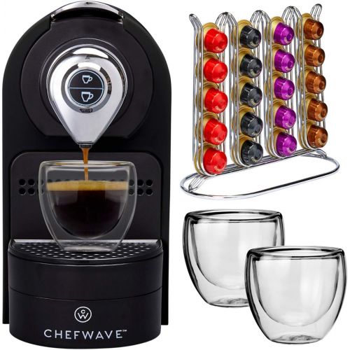  ChefWave Espresso Machine Compatible with Nespresso Capsules (Black) with 20-Count Intenso Dark Roast Coffee Capsules and Capsule Holder Bundle (2 Items)