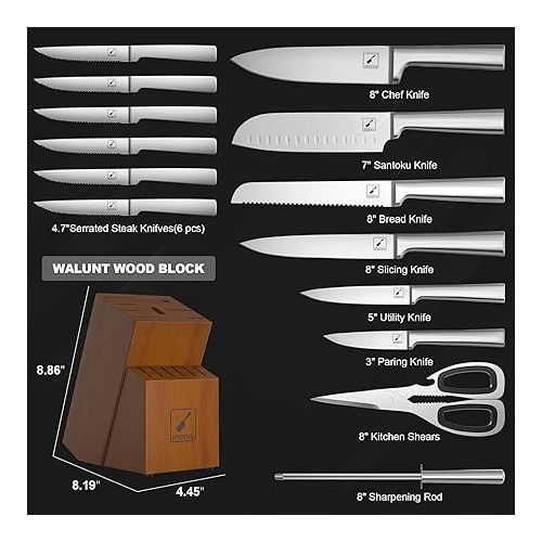  imarku Knife Set - Kitchen Knife Set 15 Pieces Japanese Stainless Steel Knife Block Set with Sharpener - Dishwasher Safe Kitchen Knives - Ultra Sharp Chef Knife Set for Kitchen, Silver