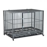 Festnight Heavy Duty Steel Dog Crate Kennel Pet Cage with Wheels, Dual Pans, 48