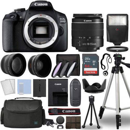 캐논 [아마존베스트]Cannon Canon EOS 2000D / Rebel T7 Digital SLR Camera Body w/Canon EF-S 18-55mm f/3.5-5.6 Lens 3 Lens DSLR Kit Bundled with Complete Accessory Bundle + 64GB + Flash + Case & More - Interna