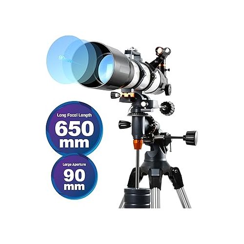  AOMEKIE Telescope 650x90mm Astronomical Refractor Telescope for Adults & Beginners, Fully Multi-Coated High Transmission Coatings EQ Mount with Tripod, Phone Adapter, Wireless Control