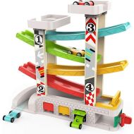 TOP BRIGHT Car Ramp Toy for 2 3 Year Old Boy Gifts, Toddler Race Track Toy for 18 Month Old with 4 Wooden Cars and 3 Car Garage