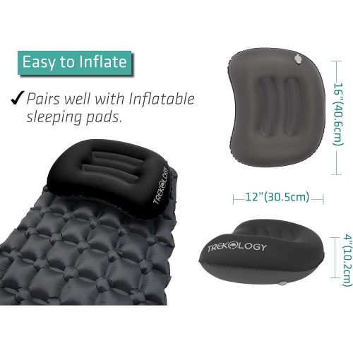 트렉 Trekology Ultralight Inflating Travel / Camping Pillows - Compressible, Compact, Inflatable, Comfortable, Ergonomic Pillow for Neck & Lumbar Support While Camp, Backpacking (Black)