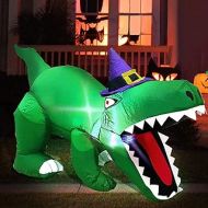 TURNMEON 4 Foot Long Halloween Inflatables Dinosaur Witch Hat LED Lighted Blow Up Dino with 4 Stakes 1 Weight Bag Halloween Inflatables Outdoor Decorations Yard Lawn Home Party Ind