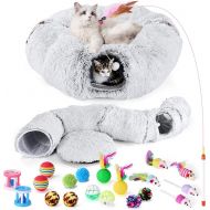 Cat Tunnel Bed with Soft Central Cat Couch and 20 Cat Toys, Big Tube Pet Tunnels with Hanging Balls, Cat Donut Tunnel and Variety Kitty Toy Set for Chewing Playing Indoor