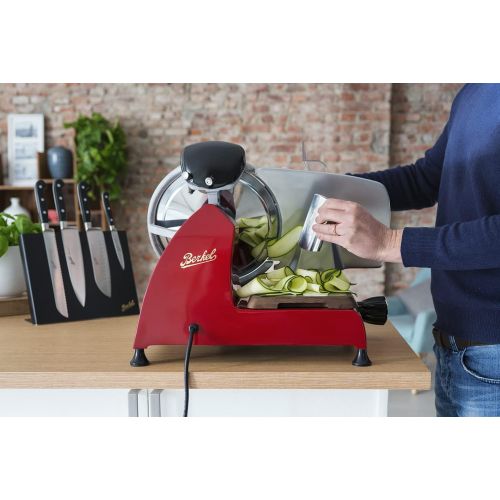  Berkel Red Line 250 Food Slicer, Red, 10 Blade, Electric Food Slicer, Slices Prosciutto, Meat, Cold Cuts, Fish, Ham, Cheese, Bread, Fruit and Veggies, has an Adjustable Thickness D