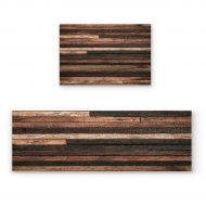 BMALL Kitchen Rug Mat Set of 2 Piece Brown Old Hardwood Floor Plank Natural Rural Graphic Artsy Print Inside Outside Entrance Rugs Runner Rug Home Decor 23.6x35.4in+23.6x70.9in