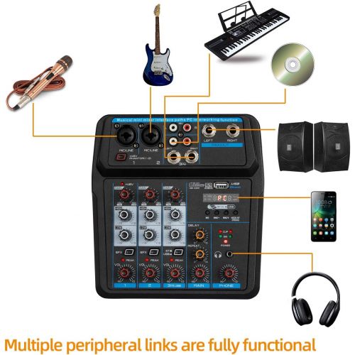  [아마존베스트]Depusheng U4 Musical Mini Mixer 4 Channels Audio Mixers Bluetooth USB Mixing Console with Sound Card Built-in 48V Phantom Power for Computer Recording, Bands