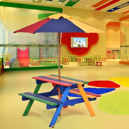  [아마존베스트]Costzon Kids Picnic Table Set Children Junior Rainbow Bench w/Umbrella (Multicolor)