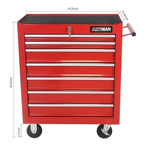  Tool Chest with 7-Drawer Tool Box Organizers and Storage,Rolling Multifunctional Tool Cart on Wheels,Tool Storage Organizer Cabinets with Key Locking for Garage, Warehouse, Repair Shop. (Red)