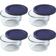 Pyrex (4) 7202 1-Cup Glass Bowls & (4) Pyrex 7202-PC 1-Cup Dark Blue Lids Made in the USA
