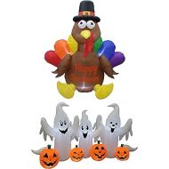 BZB Goods Two Thankgiving and Halloween Party Decorations Bundle, Includes 6 Foot Tall Thanksgiving Inflatable Turkey Pilgrim Hat Rainbow Color Feather, and 6 Foot Long Inflatable Three Ghos