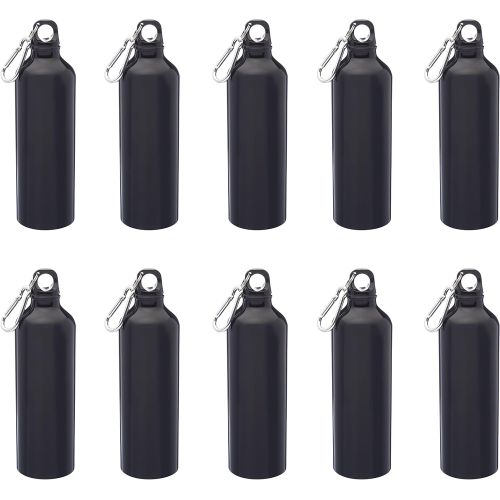  DISCOUNT PROMOS Aluminum Water Bottles with Carabiner 24 oz. Set of 10, Bulk Pack - Perfect for Gym, Hiking, Camping, Running, Mountain Bike, Outdoor Sports - Met Black