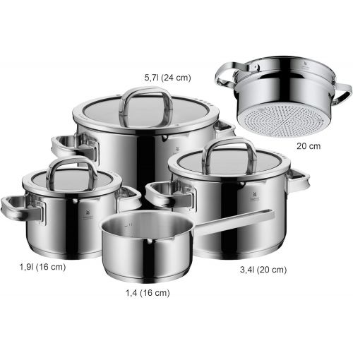 더블유엠에프 WMF Function 4 5-Piece Saucepan Set, Polished Cromargan Stainless Steel Saucepans with Glass Lids, 4 Pouring Functions, Induction Pots, Scale Inside, Uncoated, Black