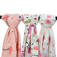 Qav Juh Bamboo Muslin Baby Blanket  3 Pack 47x47inches Floral & Flamingo Print Baby Blanket Girls, Large Soft...