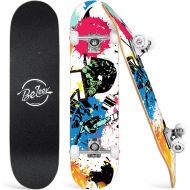 Beleev Skateboards for Beginners, 31 Inch Complete Skateboard for Kids Teens Adults, 7 Layer Canadian Maple Double Kick Deck Concave Cruiser Trick Skateboard (Rose Graffiti)