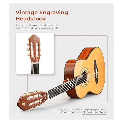  Classical Guitar Full Size 4/4 Spanish Style Classical Guitarra, 39 Inch Nylon Strings Guitar Ideal for Beginner Adults, Solid Cedar Top, by Vangoa