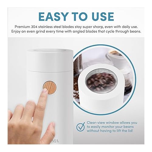  Aroma Housewares Mini Coffee Grinder and Electric Herb Grinder with 304 Stainless Steel Grinding Blades and a See-through Lid (40 g.), White, 40g