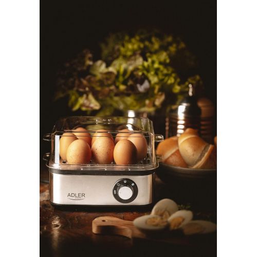  [아마존베스트]ADLER AD 4486 8 Egg Boiler with Measuring Spoon, 800 W, Cooking Accessories for Soft Hard Boiled Eggs, Indicator Light, Automatic Shut-Off, Silver/Black