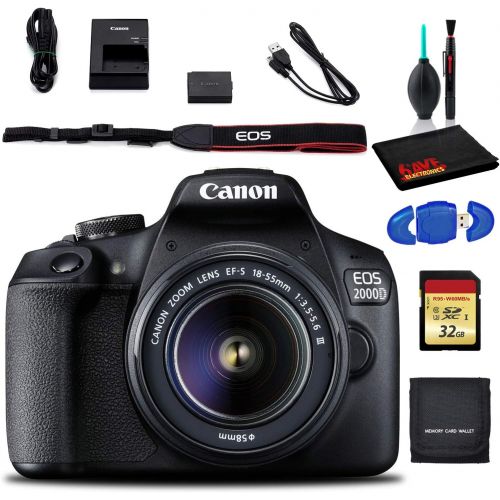 캐논 Canon EOS 2000D DSLR Camera with EF-S 18-55 mm f/3.5-5.6 III Lens (International) with Cleaning Kit, and Memory Kit