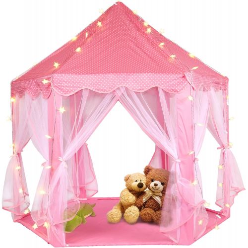  [아마존베스트]Volscity Princess Tent for Girls,Kids Castle Play Tent with LED Star Lights,Large Playhouse Girl Toy Gifts Age 3+,Indoor and Outdoor Games 55.5x 53(DxH) Pink