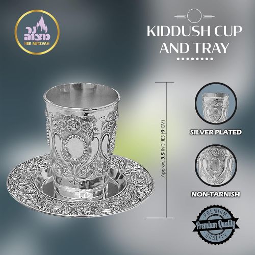  [아마존베스트]Ner Mitzvah Kiddush Cup and Tray - Premium Quality Nickel Plated Wine Cup - For Shabbat and Havdalah - Judaica Shabbos and Holiday Gift