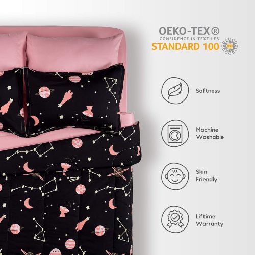  [아마존베스트]SLEEP ZONE Kids Bed-in-a-Bag Bedding Set Easy-Care Microfiber Ultra Soft Comforter and Sheet Sets with Shams 7 Pieces Galaxy, Black/Pink, Full/Queen