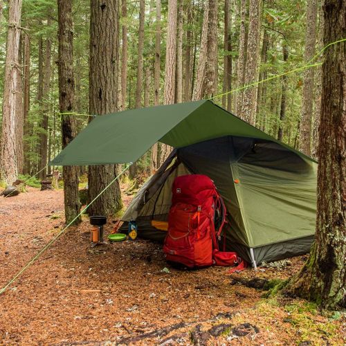  DEERFAMY 10x10ft Camping Tarp Waterproof, Rain Fly Tent Tarp with Aluminum Stakes, Large but Lightweight Rain Shelter Sun Shade, Square Footprint, Green