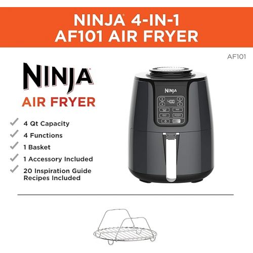  Ninja Air Fryer, 1550-Watt Programmable Base for Air Frying, Roasting, Reheating & Dehydrating with 4-Quart Ceramic Coated Basket (AF101), Black/Gray (Renewed)