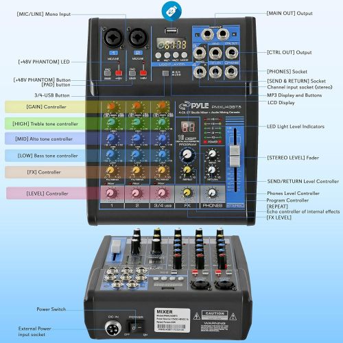  [아마존베스트]Pyle Professional Audio Mixer Sound Board Console System Interface 4 Channel Digital USB Bluetooth MP3 Computer Input 48V Phantom Power Stereo DJ Studio Streaming FX 16-Bit DSP Pro