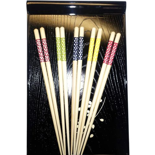  [아마존베스트]JapanBargain, Bamboo Chopsticks Reusable Japanese Chinese Korean Wood Chop Sticks Hair Sticks 5 Pair Gift Set Dishwasher Safe, 9 inch (1, Ivory-Dot)