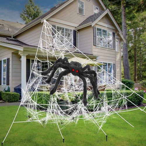  할로윈 용품AMENON 23 Feet Outdoor Halloween Decorations Giant Spider Web, Triangular Huge Spider Web with Super Stretch Cobwebs, Large Spider 29.5 and 20 Small Spiders 1.5 Party Set Yard Lawn Decor