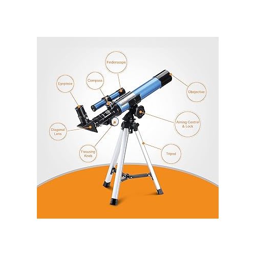  AOMEKIE Telescopes for Kids 40/400 with Tripod 2 Eyepieces Portable Telescopes for Astronomy Beginners with Finderscope and Compass for Kids Over 8 Years Old