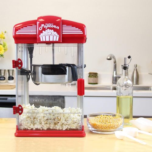  West Bend Hot Oil Theater Style Popcorn Popper Machine with Nonstick Kettle Includes Measuring Tool and Serving Scoop, 4-Ounce, Red