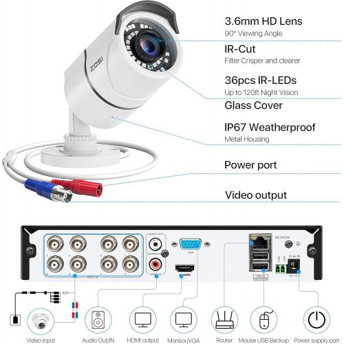  [아마존베스트]ZOSI 8CH 1080P Home Security Camera System Outdoor with 1TB Hard Drive, H.265+ 8 Channel 5MP Lite Wired DVR with 4pcs 1080P HD IP67 Weatherproof CCTV Cameras with 120ft Night Visio