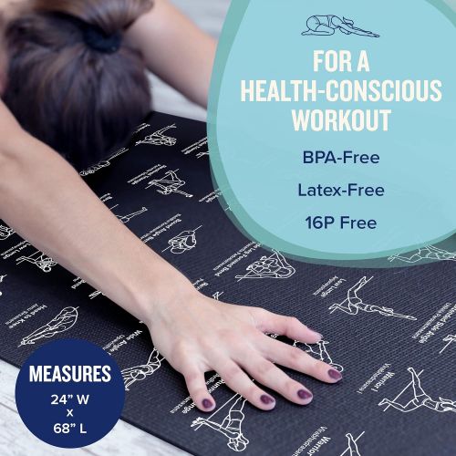  NewMe Fitness Yoga Mat for Women and Men - 24” Wide x 68 Long - Non Slip Instructional Yoga Mats - Yoga Pilates Floor Mat for Home and Gym - 5 mm Thick Exercise Mat with 70 Printed