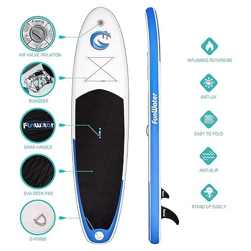  FunWater Stand Up Paddle Board Ultra-Light Inflatable Paddleboard with ISUP Accessories,Three Fins,Adjustable Paddle, Pump,Backpack, Leash, Waterproof Phone Bag