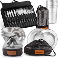 Wealers Unique Complete Messware Kit Polished Stainless Steel Dishes Set Tableware Dinnerware Camping Buffet Includes - Cups Plates Bowls Cutlery Comes in Mesh Bags (4 Person Set)