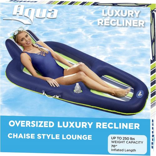  Aqua LEISURE Aqua Luxury Pool Float Lounge ? Extra Large ? Heavy Duty, Inflatable Pool Floats for Adults with Headrest, Backrest, Footrest & Cupholder ? Navy/Green/White Stripe